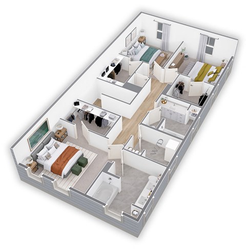 a 3d floor plan with a bedroom and a living room